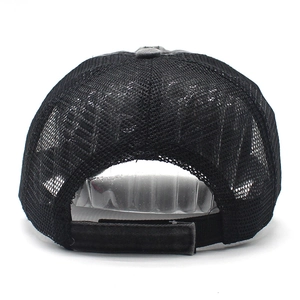 Rear view of black mesh trucker hat with adjustable velcro strap and breathable fabric