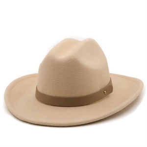 Classic beige wool felt fedora hat with wide brim and brown band for men and women