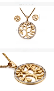 Vue détaillée de la parure Arbre de Vie plaquée or 18 carats avec dimensions et cristaux