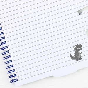 Lined spiral notebook featuring cute cartoon dinosaur illustrations and blue metal coil