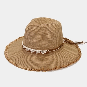Women Straw Sun Hat Summer Beach Wide Brim Frayed Edge Woven Panama Fedora With Braided Band Travel Vacation