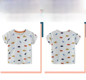 Detailed flat layout of boys dinosaur print T-shirt in grey with colorful patterns