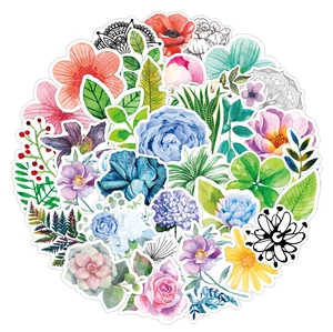 Macro shot of assorted waterproof floral stickers with succulents and roses on white