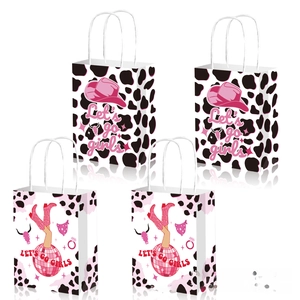 Pink disco cowgirl party gift bags with cow print and Let's go girls slogan set of 4