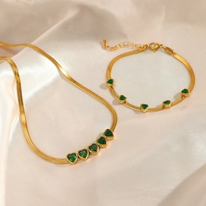 Vintage Emerald Green Heart Necklace And Bracelet Jewelry Set Stainless Steel Snake Bone Chain For Women