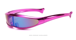 Close-up of futuristic Y2K wraparound sunglasses with magenta frames and gradient lenses