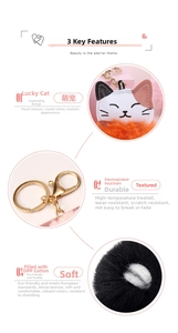Detail of lucky cat faux rabbit fur keychain with gold plated ring and soft OPP cotton fill