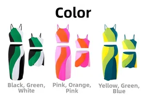 Detailed grid of three-piece color block swimsuits featuring crop tops and matching skirts