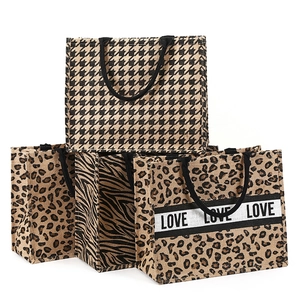 Large Jute Burlap Tote Bag Shopping Handbag Zippered Leopard Zebra Houndstooth Pattern Eco Friendly Beach Travel Women