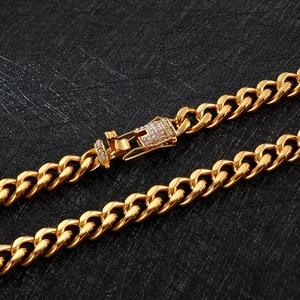 Gold-plated stainless steel Cuban link necklace with iced out rhinestone square clasp