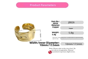 Size chart showing width, weight, and adjustable copper ring diameter for this jewelry piece