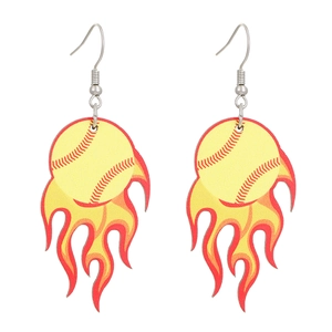 Détail de boucles d'oreilles flamme baseball en acrylique avec crochets en métal argenté