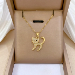 Golden Cat Pendant Necklace Stainless Steel Chain Copper Inlaid Zircon Scared Kitty Clavicle Jewelry For Women