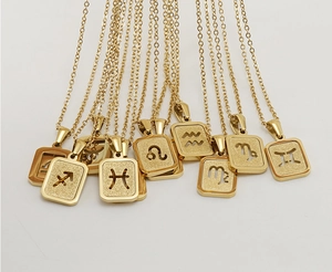 Detail of square gold titanium steel zodiac pendants with frosted finish and hollow design