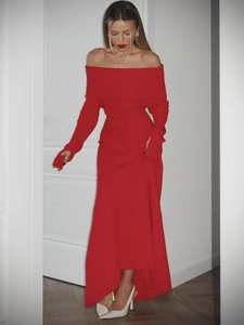 Off Shoulder Maxi Dress Knitted Long Sleeve Ribbed Slim Fit Elegant Solid Color Evening Party Gown For Women