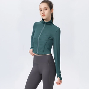 Slim fit dark green long sleeve yoga jacket with zipper and thumb holes for women