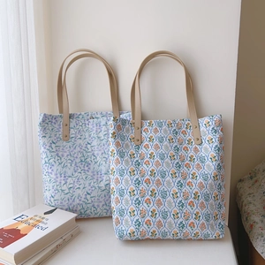 Floral Cotton Canvas Tote Bag With PU Leather Straps Rivet Large Capacity French Literary Style For Women Students