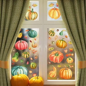 Detail of watercolor pumpkin and autumn leaf static window clings for festive decor