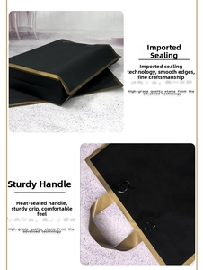 Macro detail of frosted black shopping bag with premium golden handle and heat-sealed edges