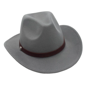 Close-up of gray felt cowboy hat with leather belt and silver metal decorative buckle
