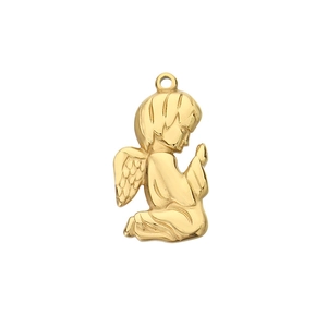 Polished golden stainless steel angel pendant with praying silhouette and wing detail