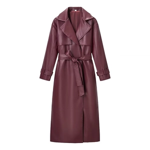Elegant wine red long faux leather trench coat with waist belt and notch lapels