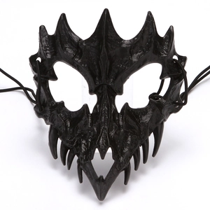 Macro detail of black dragon demon cosplay mask with intricate skeletal bone textures