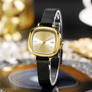 Elegant gold square quartz watch with black mesh strap and sunray dial for women