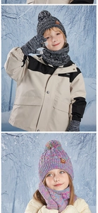Detailed view of kids winter knit hat scarf and gloves set in a snowy outdoor scene