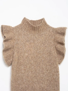 Close-up of camel knit top featuring a mock neck and elegant ruffled flutter sleeves