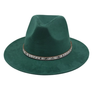 Close-up of dark green fedora hat featuring snake skin band with sparkling rhinestone trim