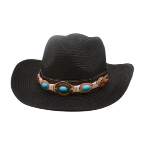 Elegante sombrero de paja vaquero negro decorado con banda de turquesa y ámbar