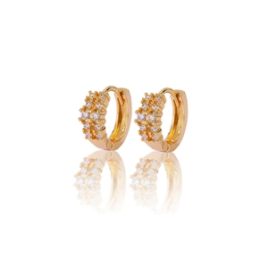 Elegant gold-plated huggie earrings with sparkling cubic zirconia on white background