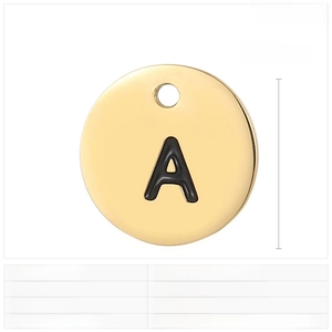 Detailed view of a 10mm golden stainless steel letter A round pendant with black resin