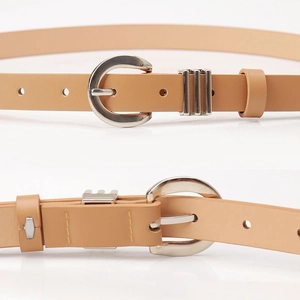 Minimalist light brown faux leather belt for women with silver half-moon buckle detail