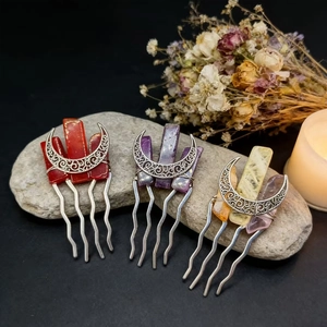 Handmade moon crystal hair combs with natural stones for bridal and festival gift styling