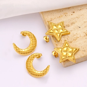 Minimalist gold stainless steel star and moon earrings with textured geometric patterns