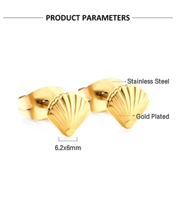 Detail of gold plated shell stud earrings in stainless steel with 6.2x6mm dimensions