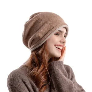 Winter thermal knit beanie hat for women in khaki brown with warm fleece-like texture