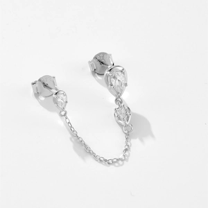 S925 sterling silver double stud chain earrings with teardrop zircon stones for women