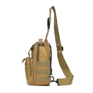 Side view of tan tactical chest bag showing MOLLE webbing and durable nylon zippers