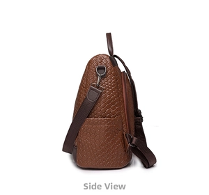 Detailed side view of dark brown woven PU leather backpack with anti-theft zipper pocket