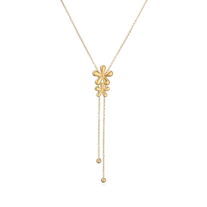 Elegant gold Y-shaped necklace featuring dual 3D flower pendants on a white background