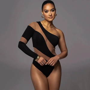 Detailed view of high-elasticity bodysuit with black and nude mesh stitching design