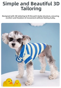 Blue and white striped pet polo shirt with collar shown on a schnauzer dog model
