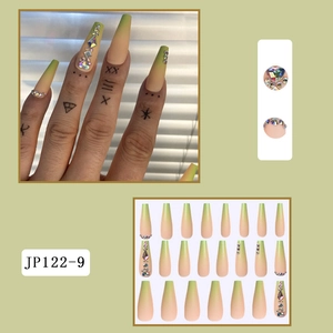Long coffin fake nails with yellow-green gradient and iridescent rhinestones details