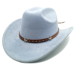 Detail of powder blue suede cowboy hat with star-studded brown leather headband