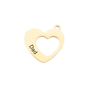 Detailed close-up of golden heart-shaped steel pendant with Dad engraving and hollow design