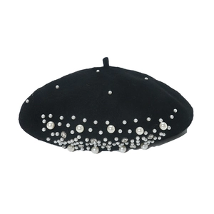 Elegant black wool beret for women with scattered white pearls and sparkling rhinestones