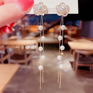 Elegant Korean style floral earrings with pearl tassels and S925 silver needles